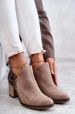 New Damskie Skórzane Botki Na Słupku Beżowe 04492-43 Damskie Botki Wiosenne|Botki Maciejka