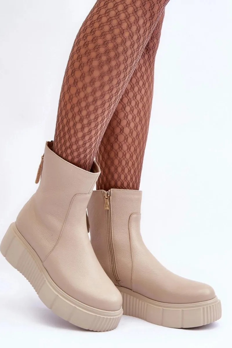 Botki Ocieplane|Botki Zimowe Damskie>Zazoo Damskie Skórzane Botki Na Platformie Beżowe Lemar Jenefer Beżowy