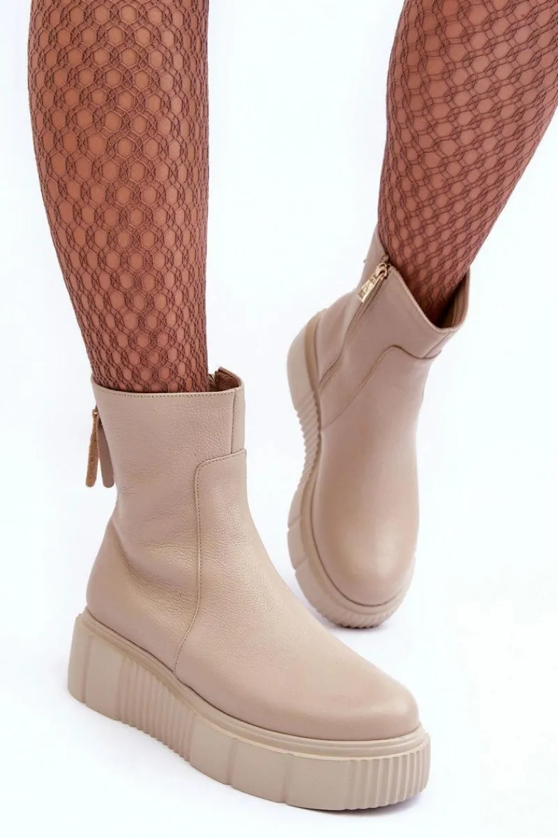 Botki Ocieplane|Botki Zimowe Damskie>Zazoo Damskie Skórzane Botki Na Platformie Beżowe Lemar Jenefer Beżowy