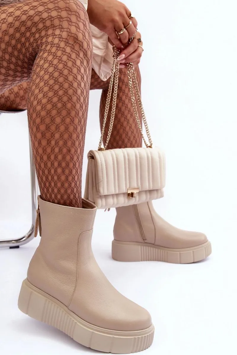 Botki Ocieplane|Botki Zimowe Damskie>Zazoo Damskie Skórzane Botki Na Platformie Beżowe Lemar Jenefer Beżowy
