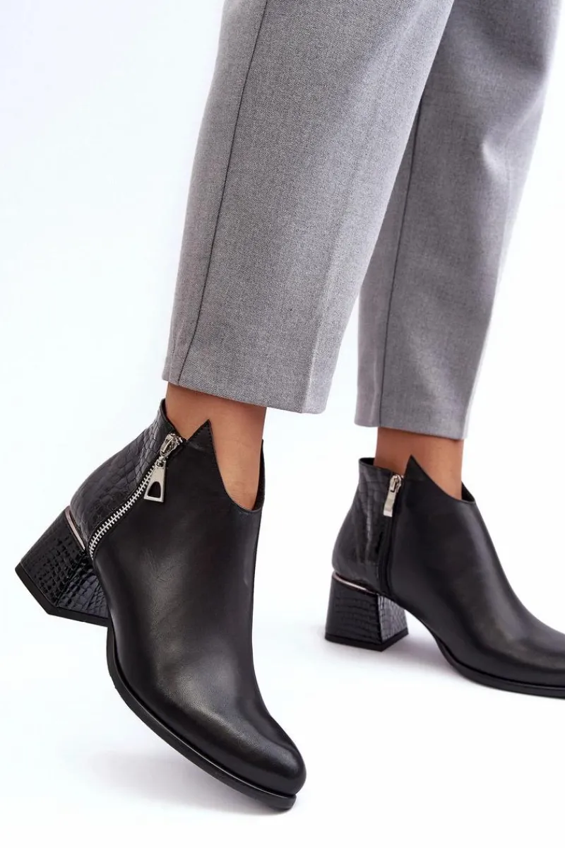 Hot Damskie Skórzane Botki Na Niskim Słupku Zazoo 4111 Czarne Damskie Botki Na Słupku|Czarne Botki