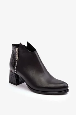 Hot Damskie Skórzane Botki Na Niskim Słupku Zazoo 4111 Czarne Damskie Botki Na Słupku|Czarne Botki