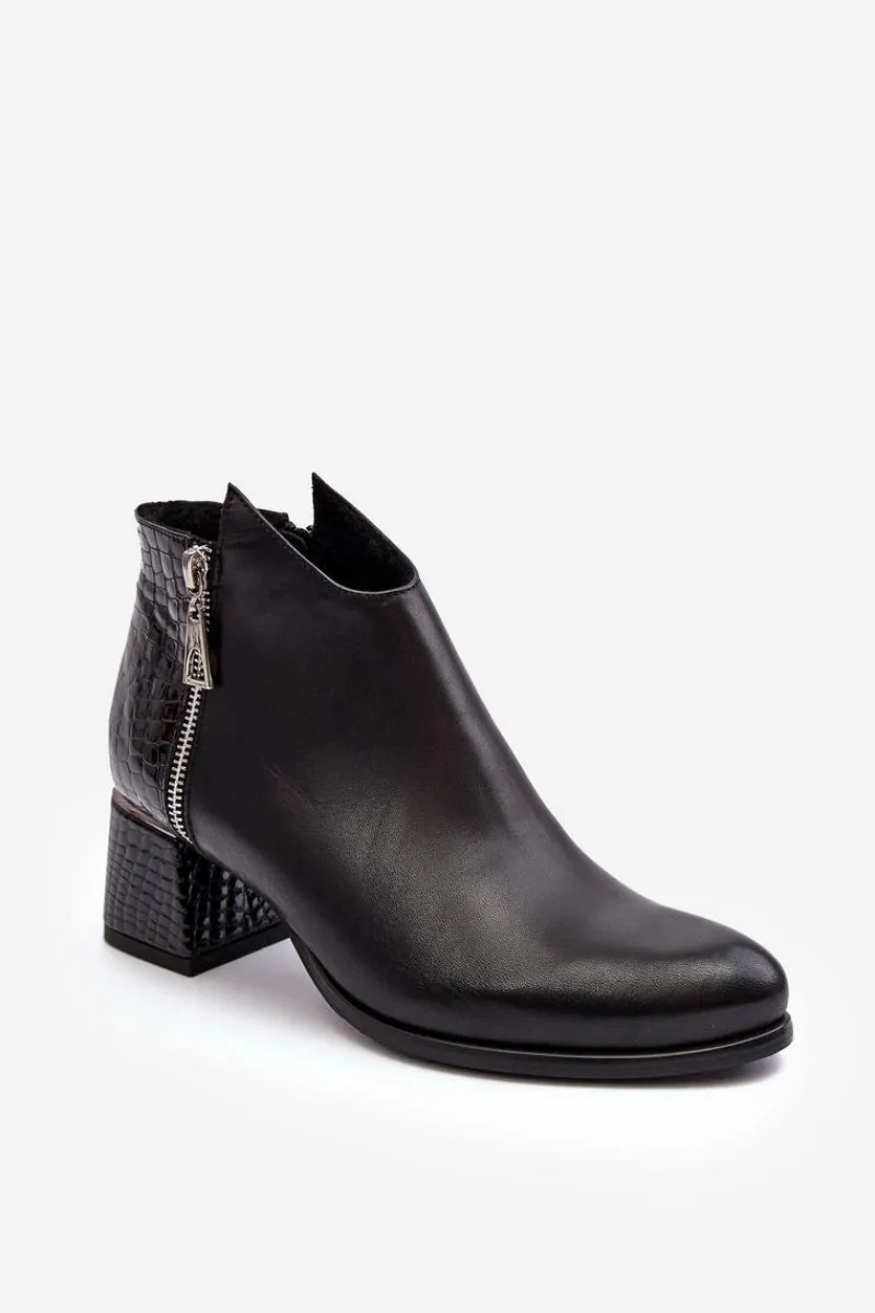 Hot Damskie Skórzane Botki Na Niskim Słupku Zazoo 4111 Czarne Damskie Botki Na Słupku|Czarne Botki