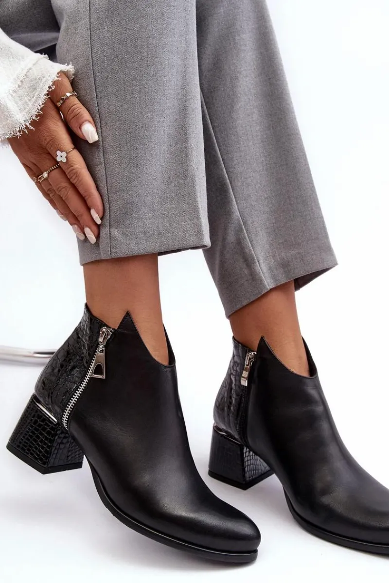 Hot Damskie Skórzane Botki Na Niskim Słupku Zazoo 4111 Czarne Damskie Botki Na Słupku|Czarne Botki