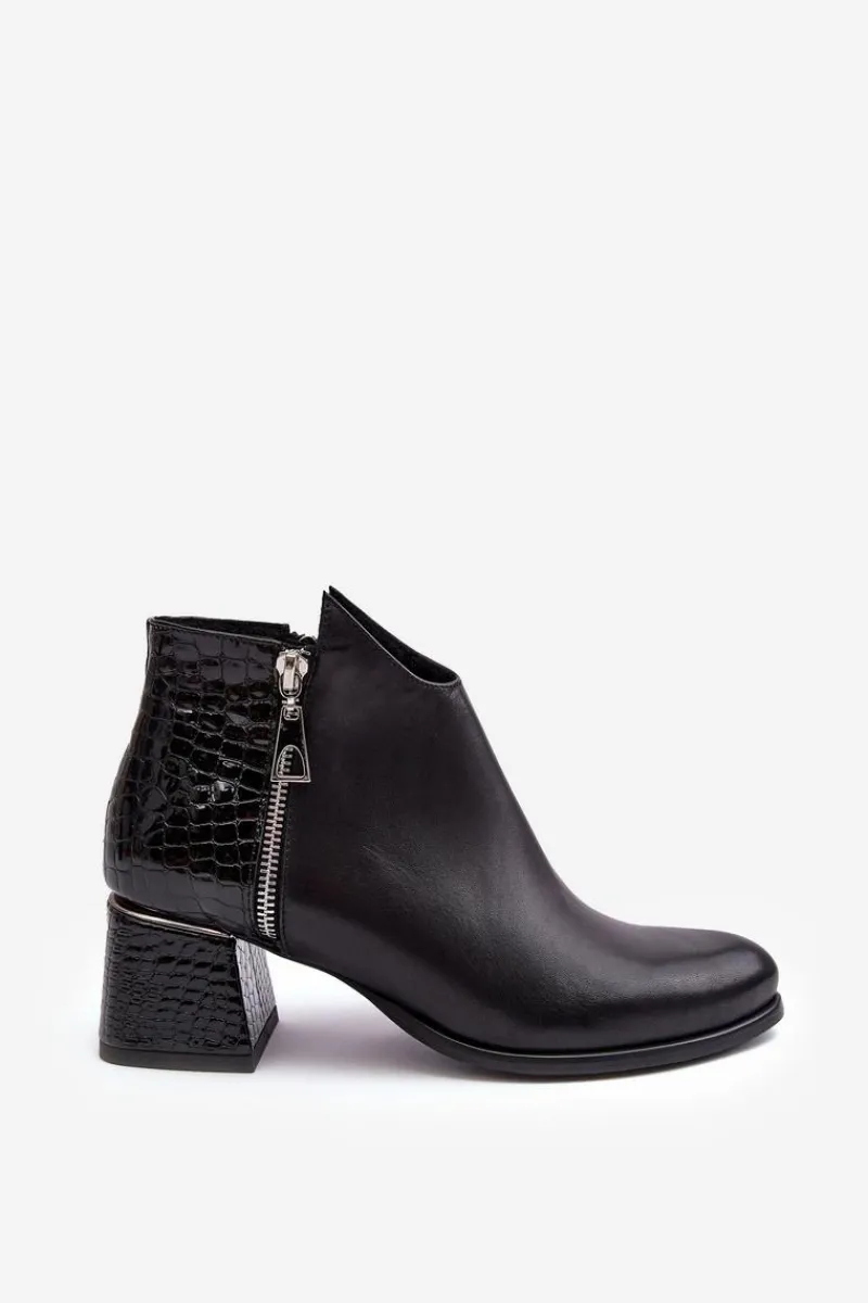 Hot Damskie Skórzane Botki Na Niskim Słupku Zazoo 4111 Czarne Damskie Botki Na Słupku|Czarne Botki