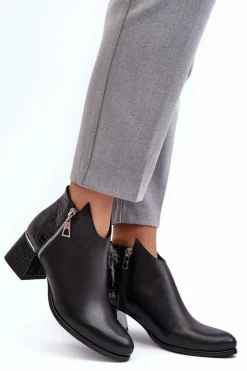 Hot Damskie Skórzane Botki Na Niskim Słupku Zazoo 4111 Czarne Damskie Botki Na Słupku|Czarne Botki