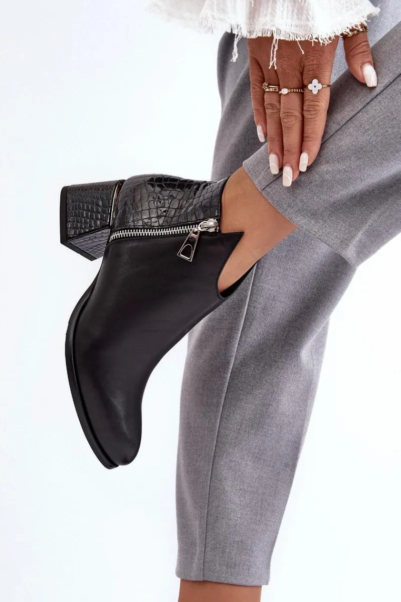 Hot Damskie Skórzane Botki Na Niskim Słupku Zazoo 4111 Czarne Damskie Botki Na Słupku|Czarne Botki