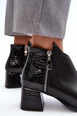 Hot Damskie Skórzane Botki Na Niskim Słupku Zazoo 4111 Czarne Damskie Botki Na Słupku|Czarne Botki