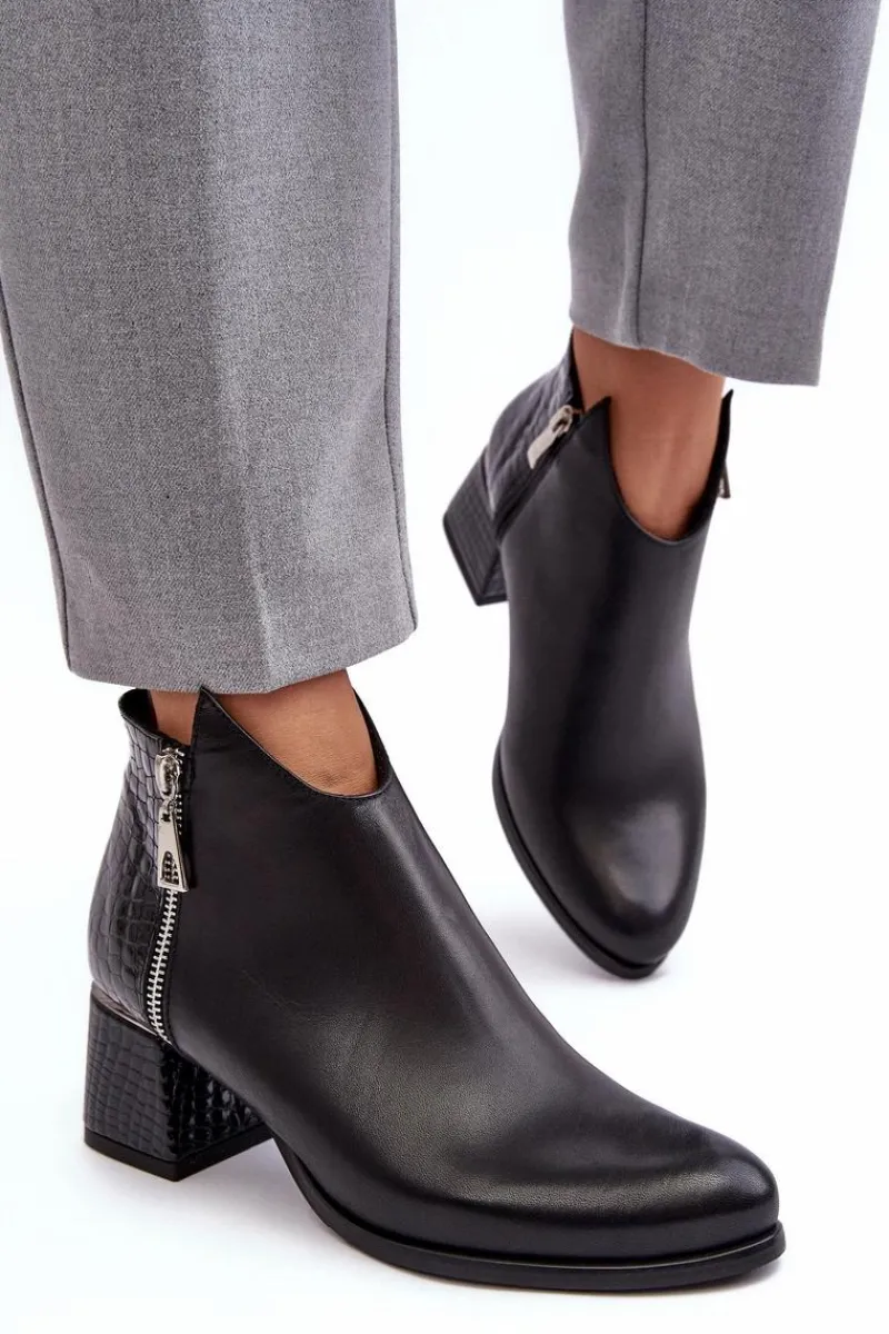 Hot Damskie Skórzane Botki Na Niskim Słupku Zazoo 4111 Czarne Damskie Botki Na Słupku|Czarne Botki