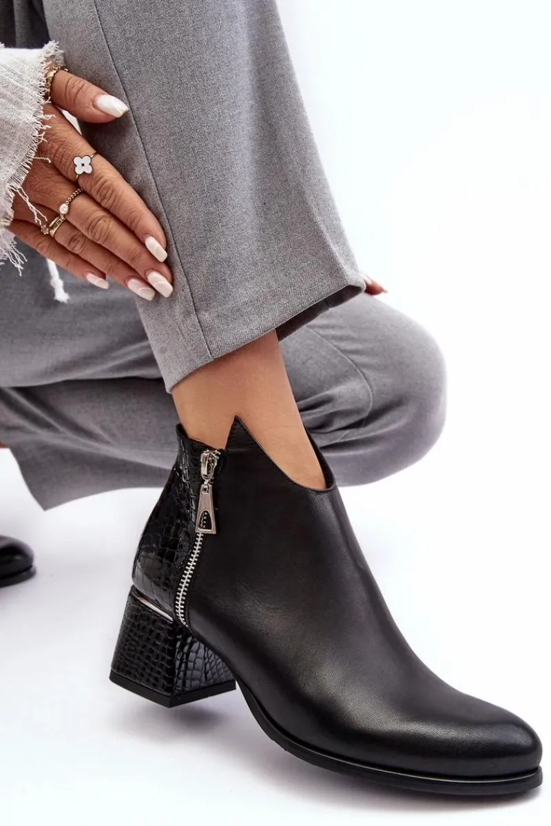 Hot Damskie Skórzane Botki Na Niskim Słupku Zazoo 4111 Czarne Damskie Botki Na Słupku|Czarne Botki