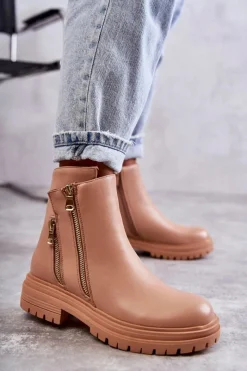 Hot Boto Damskie Skórzane Botki Na Suwak Beżowe Navarra