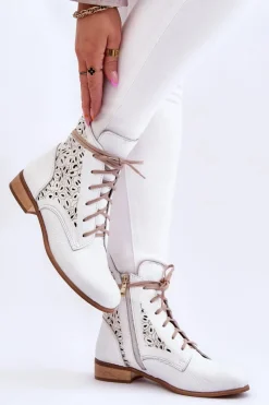 Botki Wiosenne|Botki Skórzane>Boto Damskie Skórzane Botki Na Suwak Lewski Shoes 3186 Biały Groch