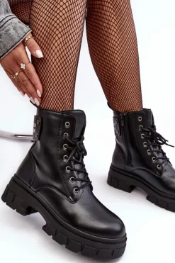 Sale Zazoo Damskie Skórzane Botki Na Platformie Czarne Lemar Jenefer