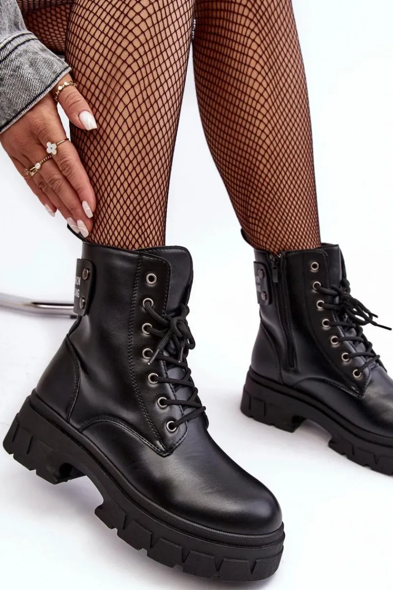 Sale Zazoo Damskie Skórzane Botki Na Platformie Czarne Lemar Jenefer