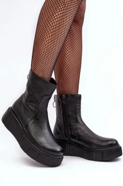 Sale Zazoo Damskie Skórzane Botki Na Platformie Czarne Lemar Jenefer