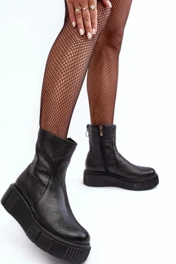 Sale Zazoo Damskie Skórzane Botki Na Platformie Czarne Lemar Jenefer