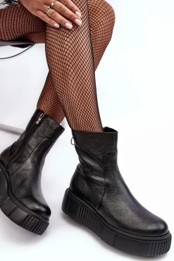 Sale Zazoo Damskie Skórzane Botki Na Platformie Czarne Lemar Jenefer