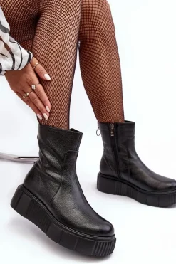 Sale Zazoo Damskie Skórzane Botki Na Platformie Czarne Lemar Jenefer