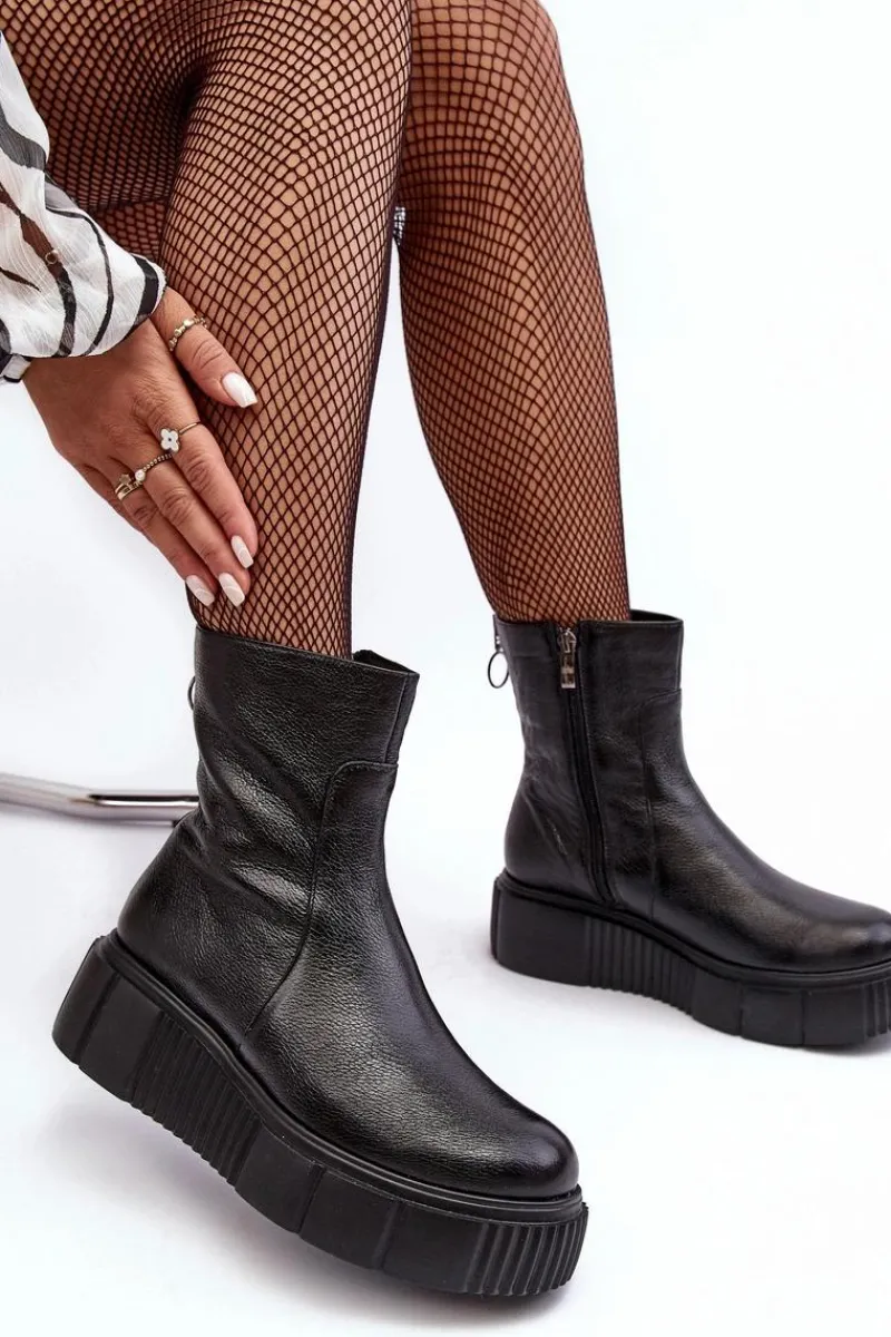 Sale Zazoo Damskie Skórzane Botki Na Platformie Czarne Lemar Jenefer
