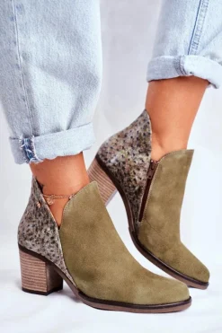 Discount Damskie Skórzane Botki Na Słupku Oliwkowe 04492-24 Damskie Botki Wiosenne|Botki Maciejka