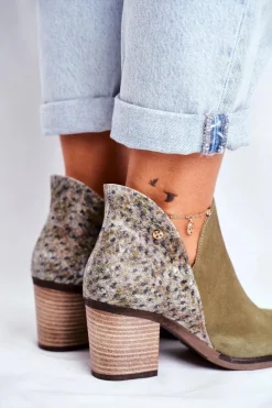 Discount Damskie Skórzane Botki Na Słupku Oliwkowe 04492-24 Damskie Botki Wiosenne|Botki Maciejka