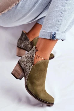 Discount Damskie Skórzane Botki Na Słupku Oliwkowe 04492-24 Damskie Botki Wiosenne|Botki Maciejka