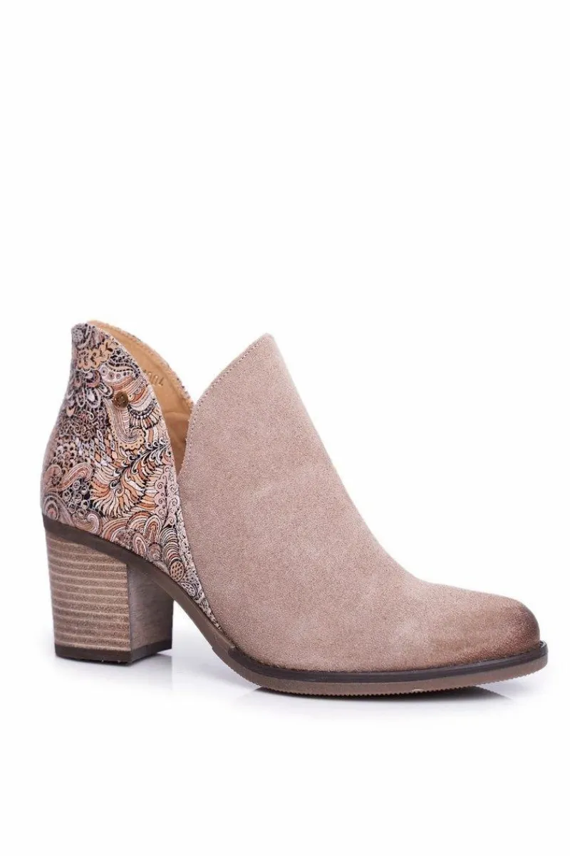 Damskie Skórzane Botki Na Słupku Beżowe 04492-04 Damskie Botki Wiosenne|Botki Maciejka