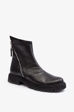 Botki Wiosenne|Botki Skórzane>Laura Messi Damskie Skórzane Botki Na Płaskim Obcasie 2620/975 Czarne