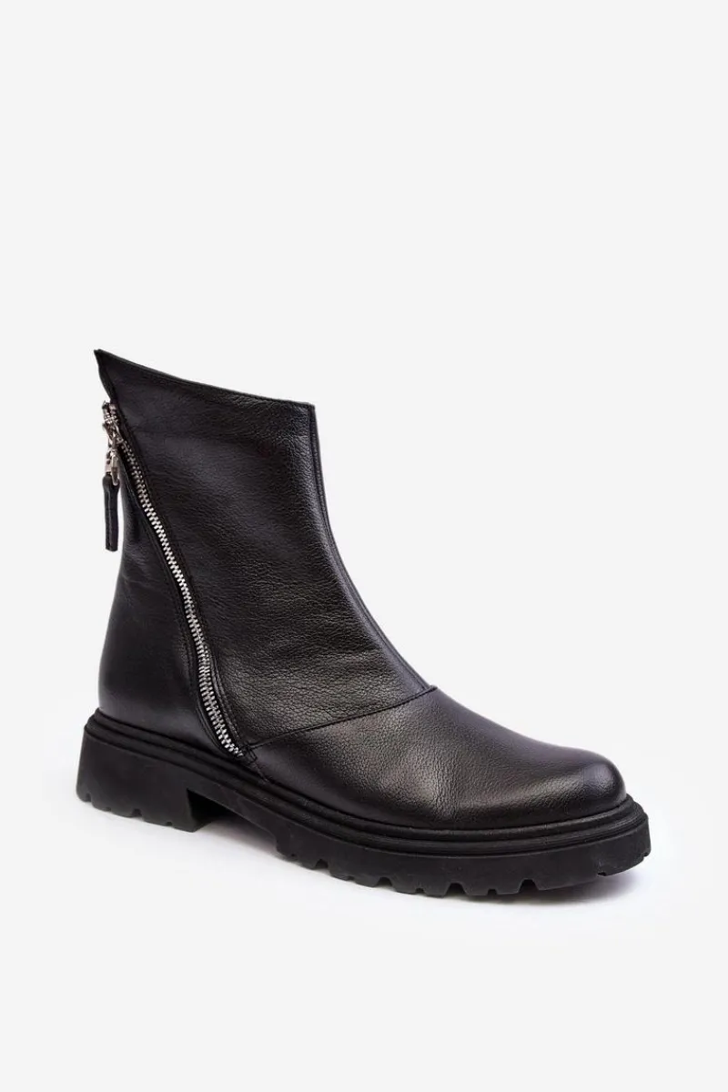 Botki Wiosenne|Botki Skórzane>Laura Messi Damskie Skórzane Botki Na Płaskim Obcasie 2620/975 Czarne