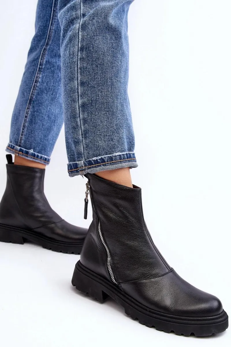 Botki Wiosenne|Botki Skórzane>Laura Messi Damskie Skórzane Botki Na Płaskim Obcasie 2620/975 Czarne