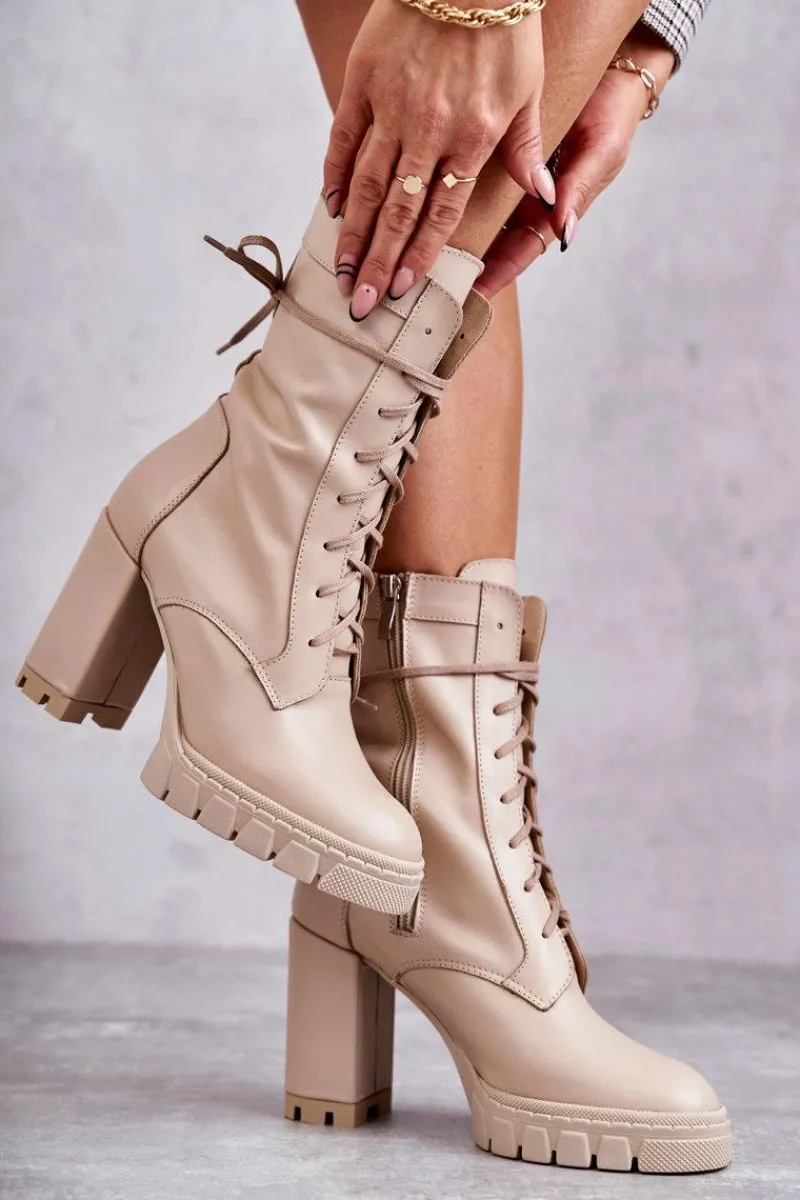 Damskie Trapery|Botki Sznurowane>Boto Damskie Skórzane Botki Na Platformie Beżowe Edna