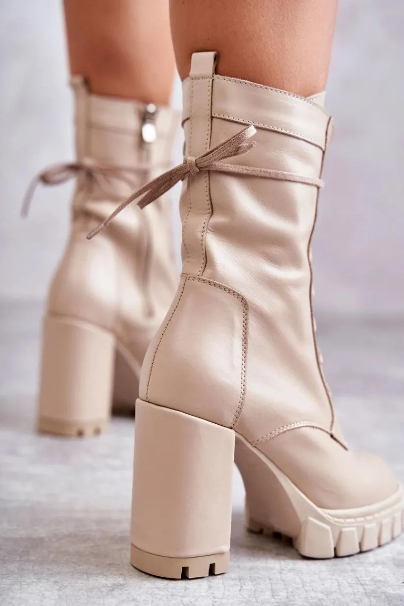 Damskie Trapery|Botki Sznurowane>Boto Damskie Skórzane Botki Na Platformie Beżowe Edna
