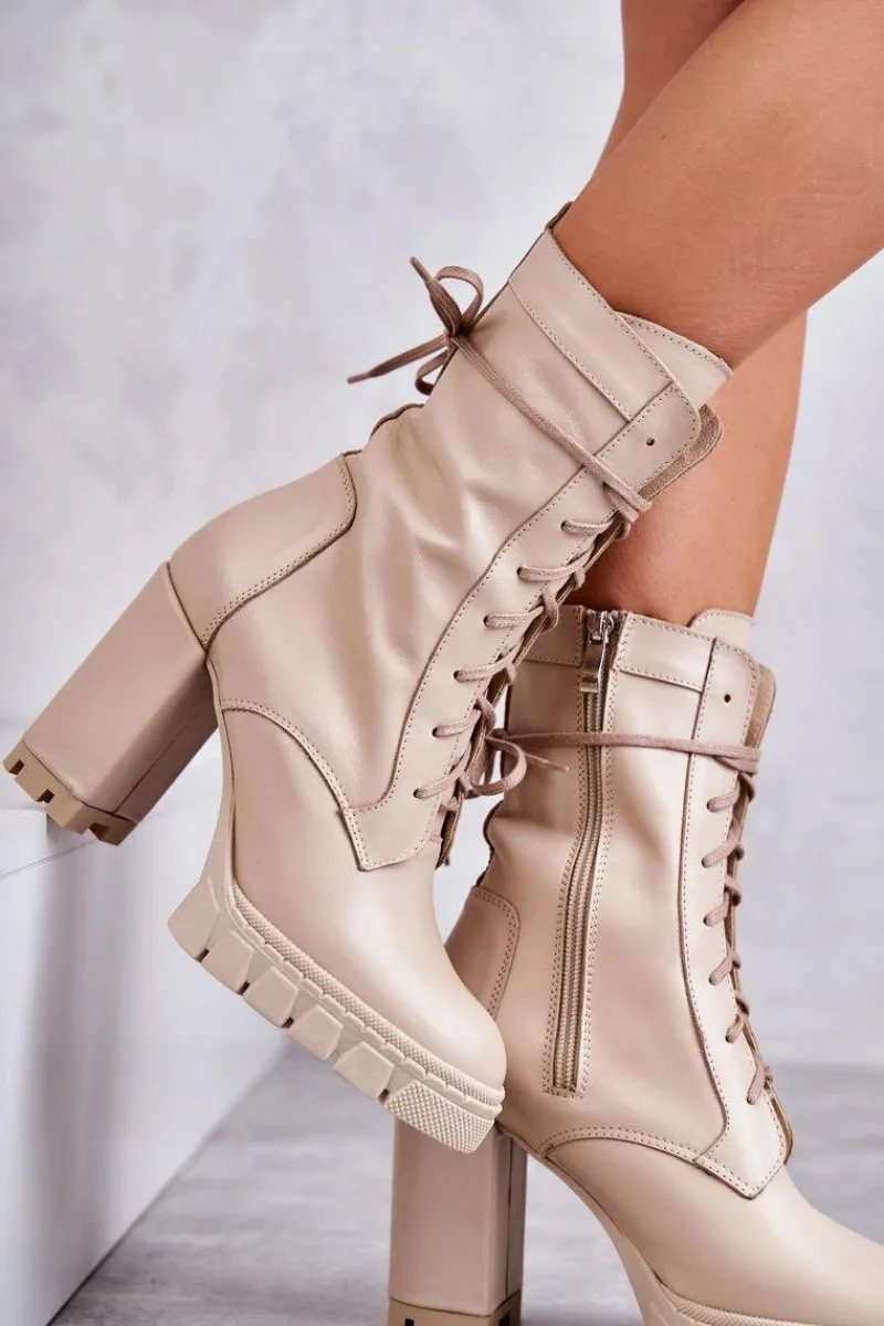 Damskie Trapery|Botki Sznurowane>Boto Damskie Skórzane Botki Na Platformie Beżowe Edna