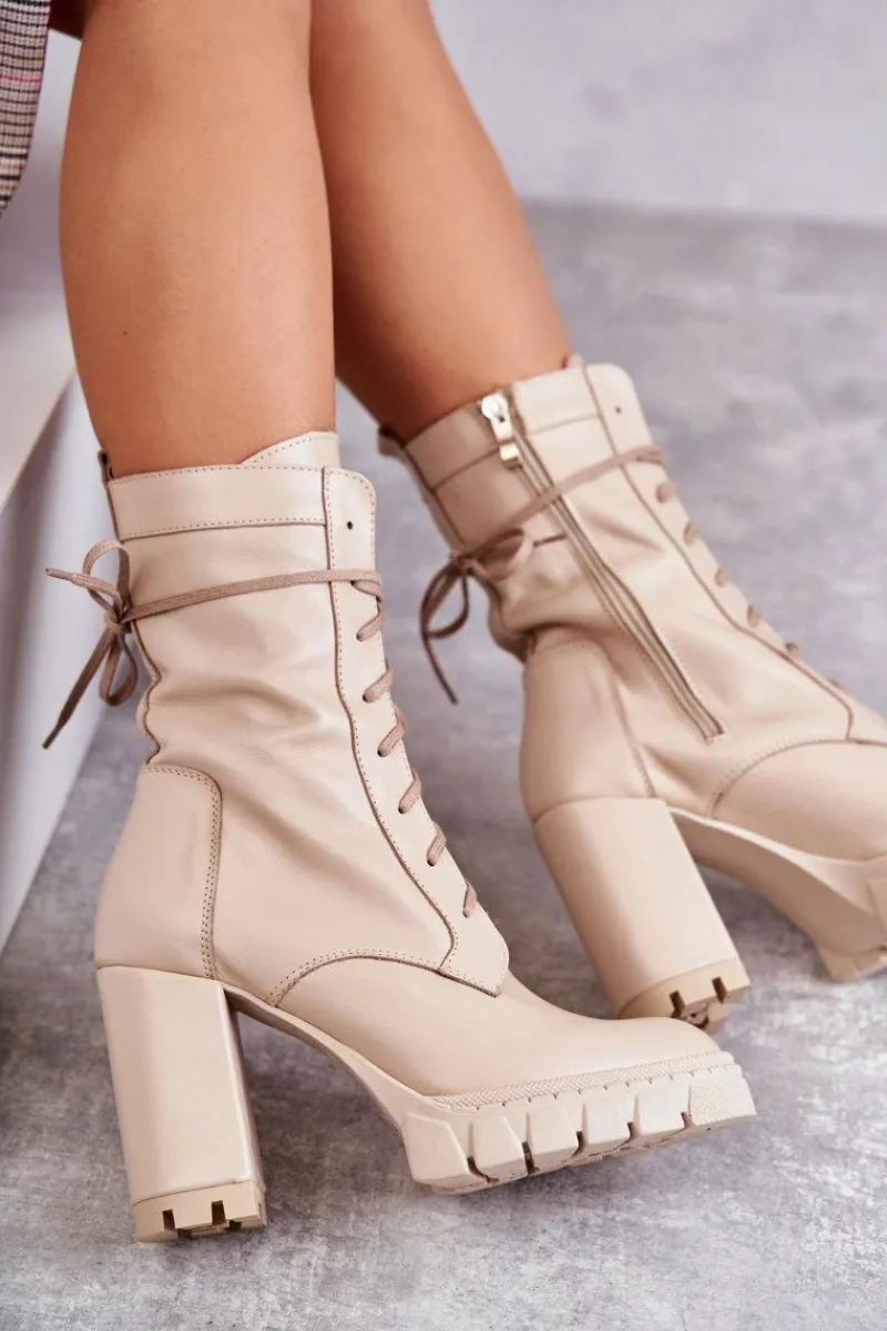 Damskie Trapery|Botki Sznurowane>Boto Damskie Skórzane Botki Na Platformie Beżowe Edna