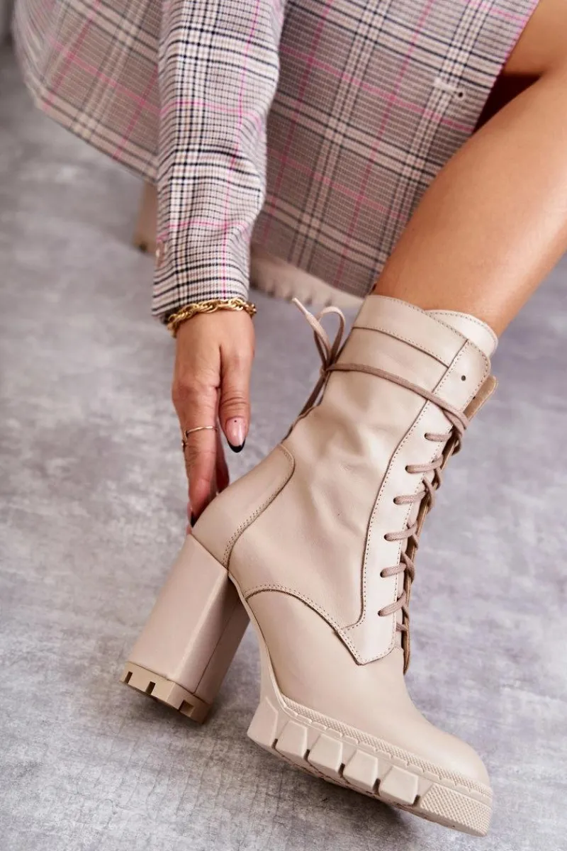 Damskie Trapery|Botki Sznurowane>Boto Damskie Skórzane Botki Na Platformie Beżowe Edna