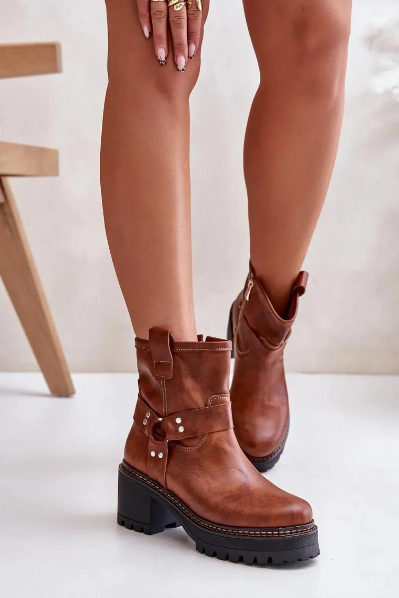 Hot Damskie Skórzane Botki Na Zamek Lewski 3435 Brązowe Damskie Botki Na Słupku|Botki Na Obcasie