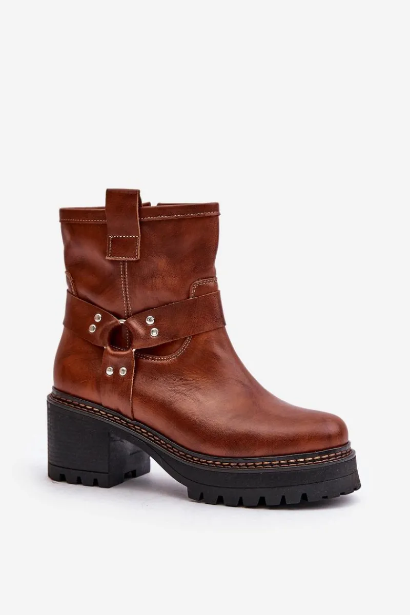 Hot Damskie Skórzane Botki Na Zamek Lewski 3435 Brązowe Damskie Botki Na Słupku|Botki Na Obcasie