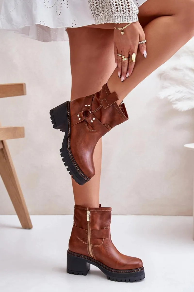 Hot Damskie Skórzane Botki Na Zamek Lewski 3435 Brązowe Damskie Botki Na Słupku|Botki Na Obcasie