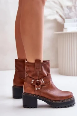 Hot Damskie Skórzane Botki Na Zamek Lewski 3435 Brązowe Damskie Botki Na Słupku|Botki Na Obcasie