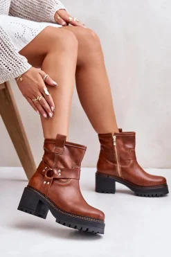 Hot Damskie Skórzane Botki Na Zamek Lewski 3435 Brązowe Damskie Botki Na Słupku|Botki Na Obcasie