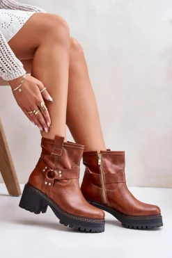 Hot Damskie Skórzane Botki Na Zamek Lewski 3435 Brązowe Damskie Botki Na Słupku|Botki Na Obcasie