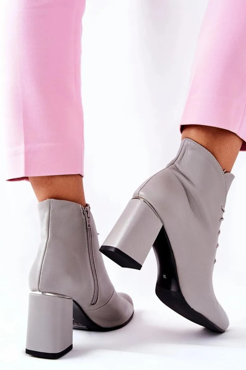 Hot Damskie Skórzane Botki Na Słupku Szare Carrice Damskie Botki Sznurowane|Botki Na Słupku