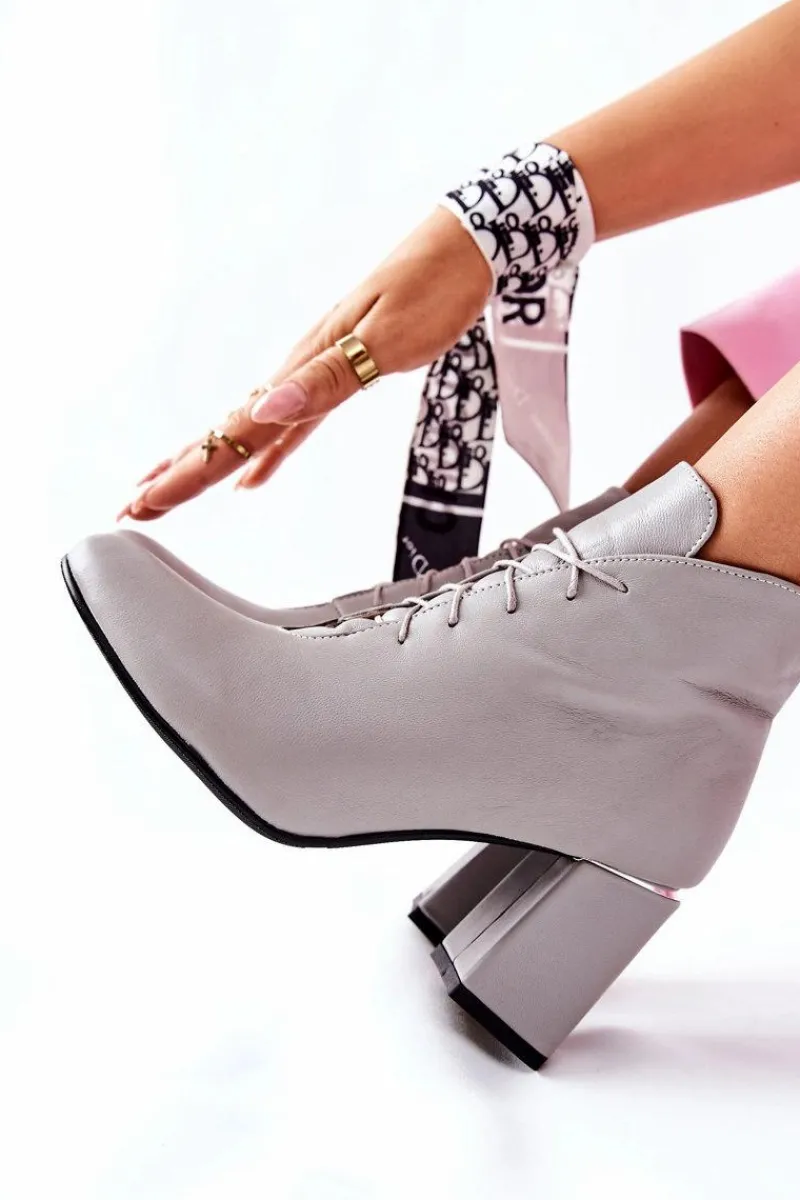 Hot Damskie Skórzane Botki Na Słupku Szare Carrice Damskie Botki Sznurowane|Botki Na Słupku