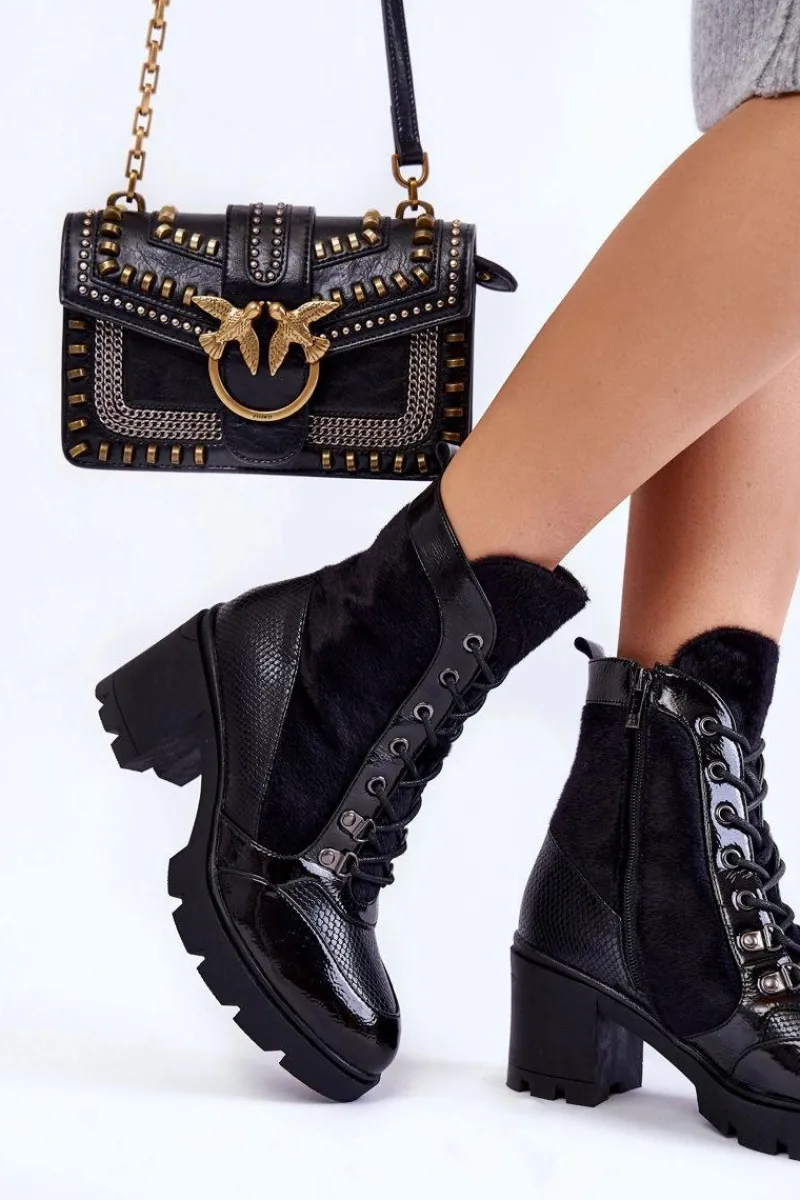 Sale Damskie Skórzane Botki Na Obcasie La.Fi 260063B-LA Czarne Damskie Botki Sznurowane|Czarne Botki