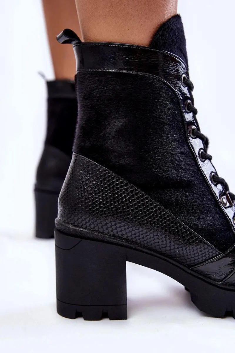 Sale Damskie Skórzane Botki Na Obcasie La.Fi 260063B-LA Czarne Damskie Botki Sznurowane|Czarne Botki