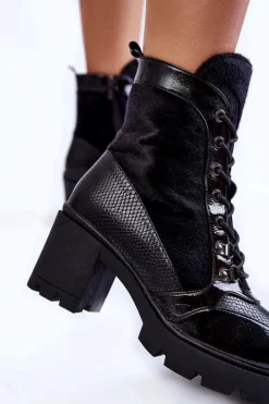 Sale Damskie Skórzane Botki Na Obcasie La.Fi 260063B-LA Czarne Damskie Botki Sznurowane|Czarne Botki