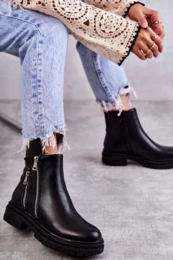 Outlet Damskie Skórzane Botki Na Suwak Czarne Navarra Damskie Czarne Botki|Botki Zimowe Damskie