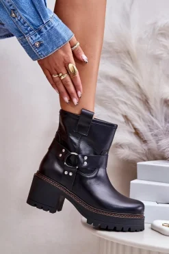 Outlet Boto Damskie Skórzane Botki Na Zamek Lewski 3435 Czarne Czarny