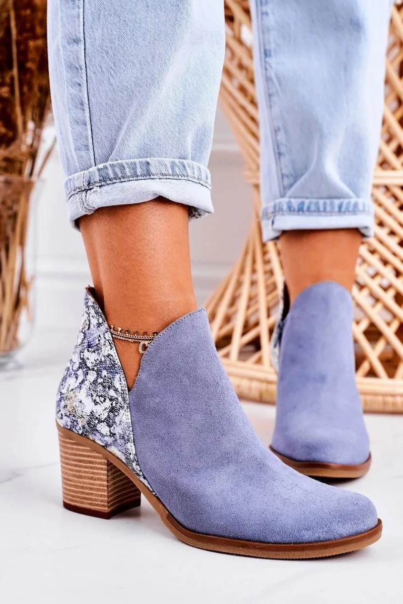 Maciejka Damskie Skórzane Botki Na Słupku Jasny Niebieski 04492