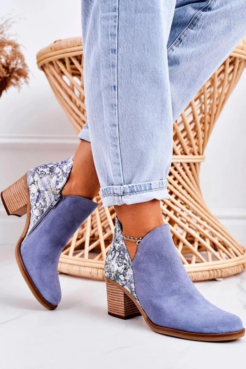 Maciejka Damskie Skórzane Botki Na Słupku Jasny Niebieski 04492